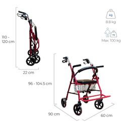 Déambulateur en aluminium à 4 roues avec siège, dossier et repose-pieds.