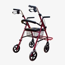 Déambulateur en aluminium à 4 roues avec siège, dossier et repose-pieds.