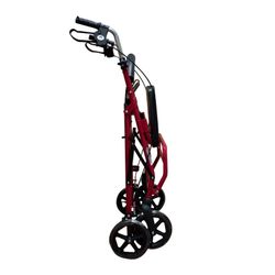 Déambulateur en aluminium à 4 roues avec siège, dossier et repose-pieds.