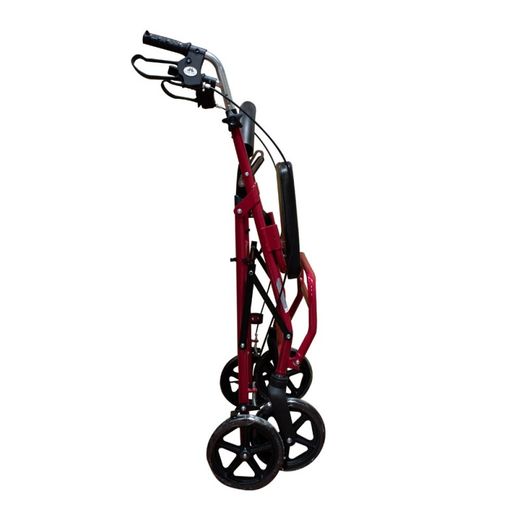 Déambulateur en aluminium à 4 roues avec siège, dossier et repose-pieds.