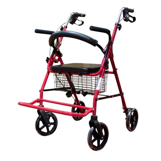 Déambulateur en aluminium à 4 roues avec siège, dossier et repose-pieds.