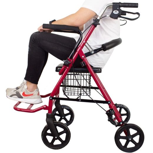 Déambulateur en aluminium à 4 roues avec siège, dossier et repose-pieds.