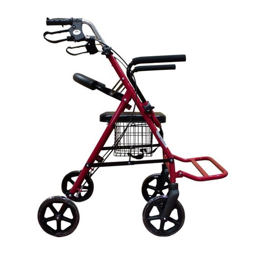 Déambulateur en aluminium à 4 roues avec siège, dossier et repose-pieds.