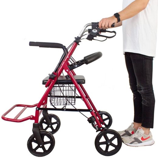 Déambulateur en aluminium à 4 roues avec siège, dossier et repose-pieds.