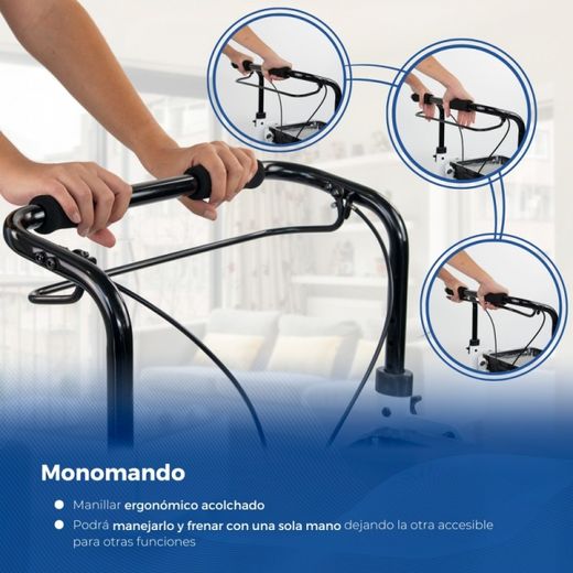 Déambulateur pliant en aluminium, Poignée à levier unique, Avec sac et plateau