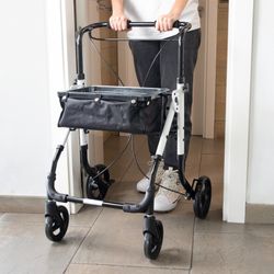 Déambulateur pliant en aluminium, Poignée à levier unique, Avec sac et plateau