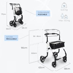 Déambulateur pliant en aluminium, Poignée à levier unique, Avec sac et plateau