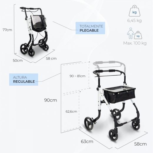 Déambulateur pliant en aluminium, Poignée à levier unique, Avec sac et plateau