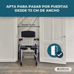 Silla de baño y ducha caligula, con ruedas, Con inodoro, Autopropulsable, Altura regulable