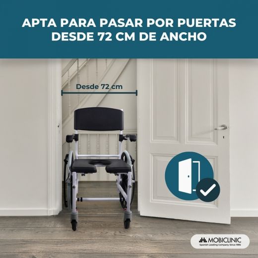Silla de baño y ducha caligula, con ruedas, Con inodoro, Autopropulsable, Altura regulable