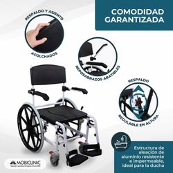 Silla de baño y ducha caligula, con ruedas, Con inodoro, Autopropulsable, Altura regulable
