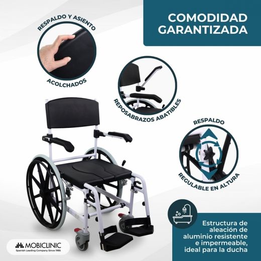 Silla de baño y ducha caligula, con ruedas, Con inodoro, Autopropulsable, Altura regulable