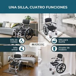 Silla de baño y ducha caligula, con ruedas, Con inodoro, Autopropulsable, Altura regulable
