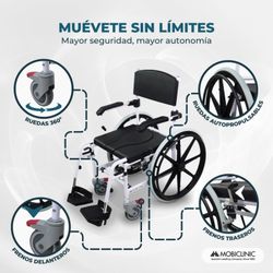 Silla de baño y ducha caligula, con ruedas, Con inodoro, Autopropulsable, Altura regulable