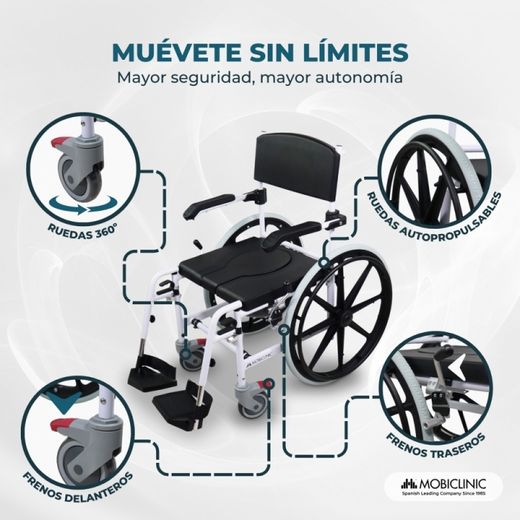 Silla de baño y ducha caligula, con ruedas, Con inodoro, Autopropulsable, Altura regulable
